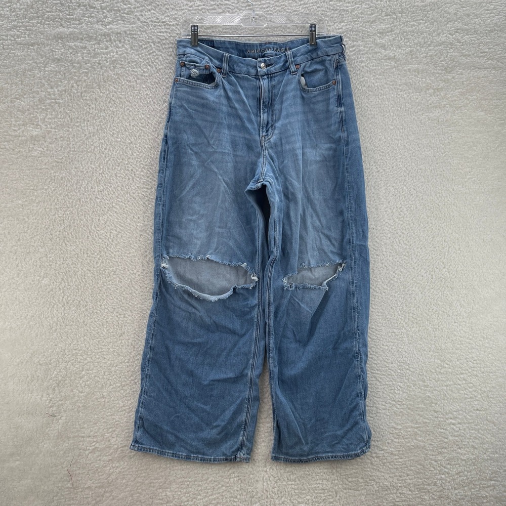 American Eagle Jeans Womens 14 Curvy Super High Rise Baggy Wide Leg Distressed